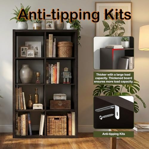 WannabeMyself【2026 Wooden Thick Frame】 8 Cube Storage Organizer with Anti-Tipping Kits, Reversible Open Back Book Shelf,