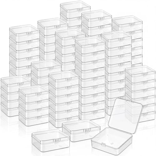 SATINIOR 300 Packs Clear Small Plastic Containers 3.35 X 3.35 X 1.1 Inches Transparent Storage Box with Hinged Lid in Bu