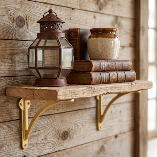 Khtumeware 100% Solid Brass Decorative Shelf Brackets, 6-inch Wall-Mounted Shelving Brackets, 2-Pack Antique Gold Vintag