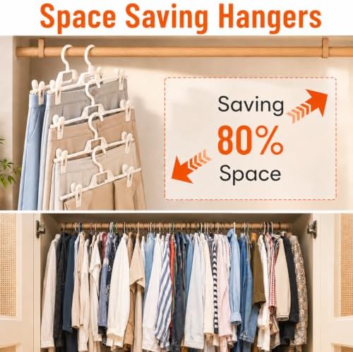 10 Pack Pants Hangers with Clips, Space Saving Skirt Hangers Organizer