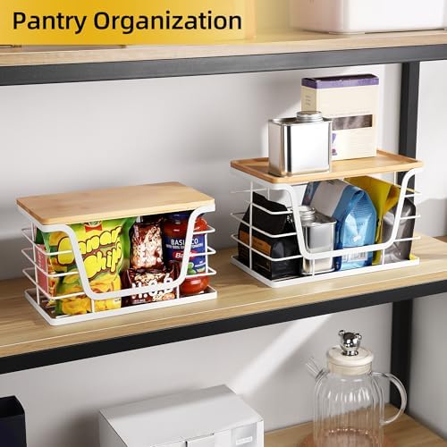 ALOCEO 2 Pack Potato and Onion Storage Bins, Large Trash Bag Holder Under Sink with Bamboo Top, Stainless Steel Pantry O