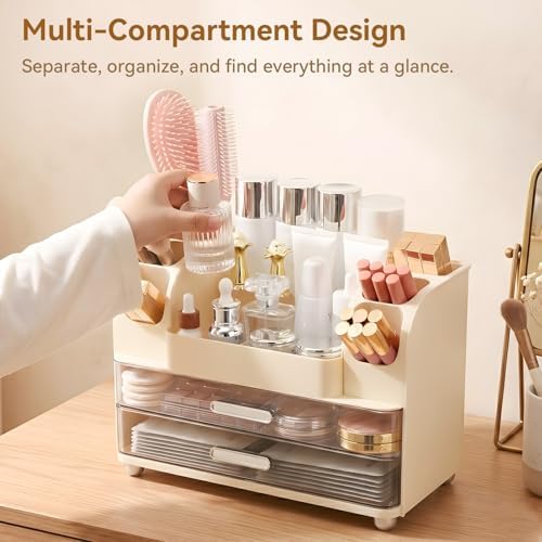 Makeup Organizer for Vanity with 2 Large Drawers and 6 Brush Holders, Cream