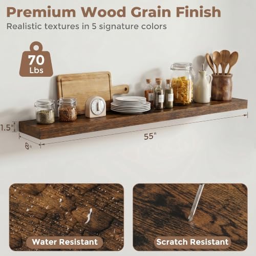 8 inch Deep Floating Shelves for Wall, 55" Wide, Rustic Brown, 2-Pack