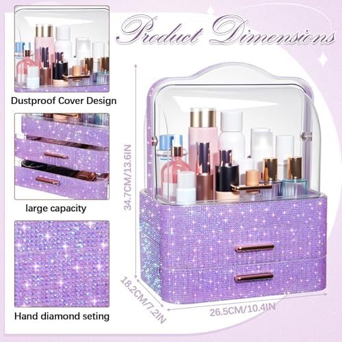 Honeydak Rhinestone Makeup Organizer with 2 Drawers Lid, Purple, Rhinestone