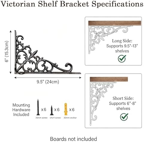 Z Metnal Decorative Shelf Brackets, 6 x 9 inch, Cast Wrought Iron Metal Mailbox Bracket, 90° Right Angle Victorian Brack