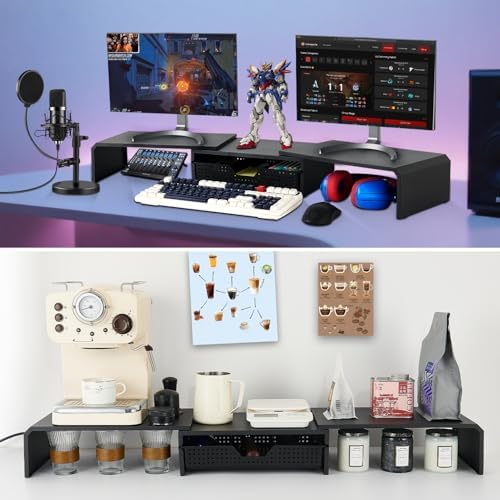 LEKETREE Dual Monitor Stand Riser with Drawer, Computer Stand for Desk, Workspace Desktop Stand, Desk Organizer for Comp