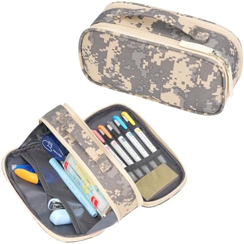ECHSRT Large Tactical Pencil Case, 3-Compartment Zipper Pouch, Digital Camo
