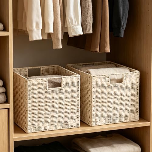 Vagusicc Wicker Storage Basket, Set of 2 Hand-Woven Paper Rope Wicker Baskets, Foldable Cube Storage Bins, Beige Storage