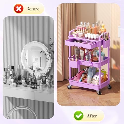 SUNALLY Makeup Cart Organizer with Drawer,3 Tier Rolling Makeup Cart,Purple