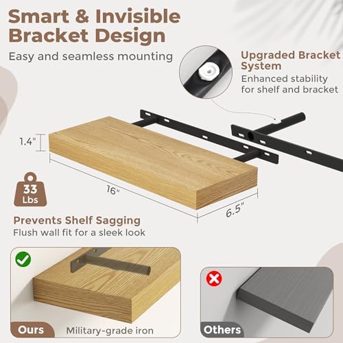 16 Inch Floating Shelves for Wall, 6.5"D Wood Storage Shelves, Oak Finish