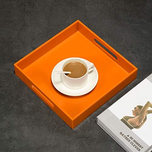KEVLANG Orange Sturdy Acrylic Serving Tray with Handles-10x10Inch-Serving Coffee,Food,Breakfast,Butler-Kitchen Countertop Tray-Makeup Drawer Organizer-Vanity Table,Ottoman Tray-Decorative Tray