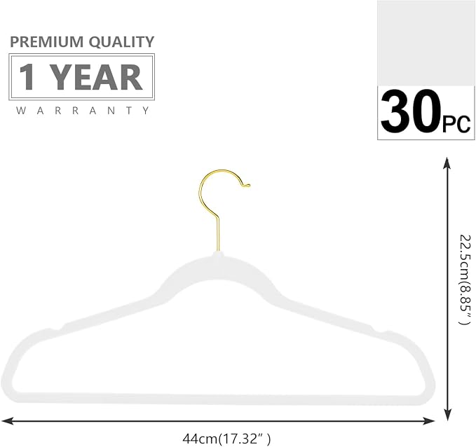 MIZGI Premium Velvet Hangers Pack 30 Pcs Heavyduty - Non Slip Slimline - Velvet Suit Hangers White - Gold Hooks,Space Saving Clothes Hangers