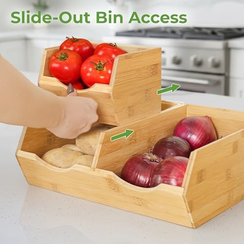 HOMESTEAD Bamboo Pantry Storage Bins – Stackable Potato & Onion Storage Bin for Kitchen Countertop, Pantry Organizer, Fr
