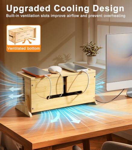 TiMOVO Wood Cable Management Box with Removable Magnetic Lid & Support Legs