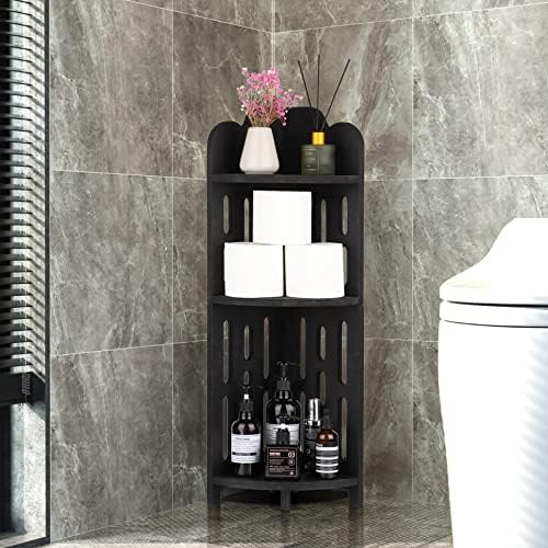 Meangood Bathroom Corner Shelf Stand, 3 Tier Solid Wood Display Shelf for Narrow Space, Shower Corner Shelf, Plant Stand