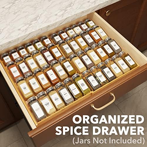 SpaceAid Bamboo Spice Drawer Organizer and Bamboo Drawer Dividers with Inserts and Labels, Kitchen Adjustable Drawer Org