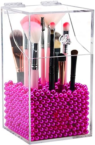 Clear Cosmetic Brush Organizer,Acrylic Brush Holder with Lid,Dust-proof Makeup Brush Holder with Free Rosy Pearls for Va