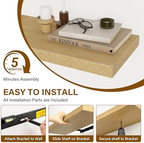 24 Inch Floating Shelves Oak, 8" Deep Wall Shelf, Wall Mounted Wood Shelf