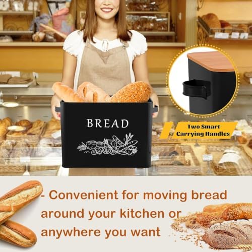 E-far Bread Box, Metal Bread Storage Container Bin with Bamboo Lid, Black
