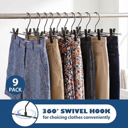 9 Pack Pants Hangers with Clips, 12.2 Inch Slim Metal Clothes Hangers with 360° Swivel Hooks, Heavy Duty Space Saving Closet Hangers for Jeans, Slacks, Shorts (Black)