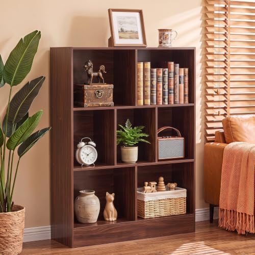 YAHARBO 3 Tier 7 Cube Mini Thin Bookshelf, Short Shallow Bookcase, Walnut