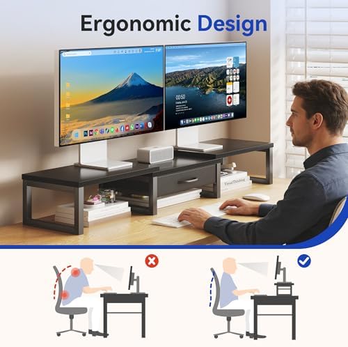 Dual Monitor Stand Riser, Desk Organizers and Accessories with Drawer, Computer Monitor Stands for Desk, Adjustable Desk