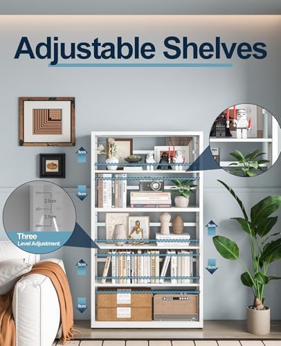 5-Tier Tall Book Shelf, Metal Bookcase with Adjustable Shelves