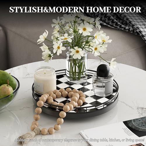 10.2-Inch Black and White Checkerboard Lazy Susan with Oak Base