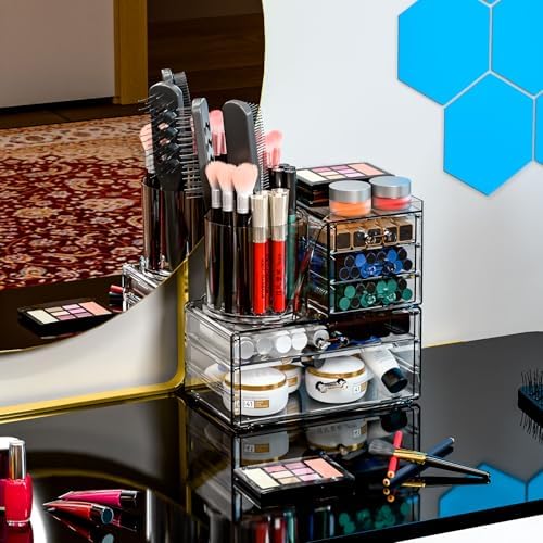 Clear Acrylic Makeup Organizers for Vanity,Countertop,3 Pack Make up Drawer Organizer With Makeup Brush Holder,Plastic S