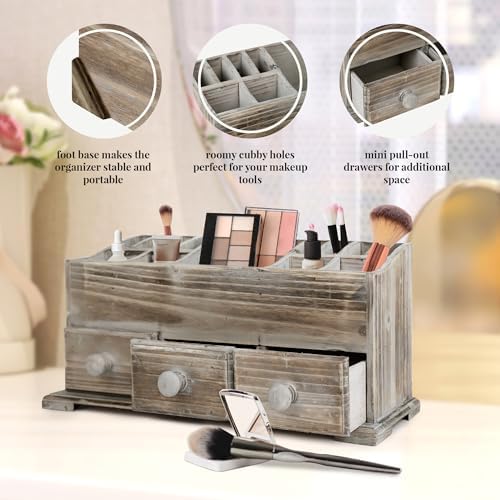 Besti Rustic Vanity Organizer for Cosmetics, Makeup, and Bathroom Accessories, Wooden Farmhouse Storage Box with 3 Drawe