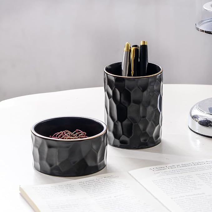 Aesthetic Desk Organizer Set of 2 For Office, Ceramic Pen Holder and Paper Clip Holder Dispenser, Cute Pencil Cup Pot for Desk, Desktop Accessories For Women Men, Office Decor Ideal Gifts (Black Set)
