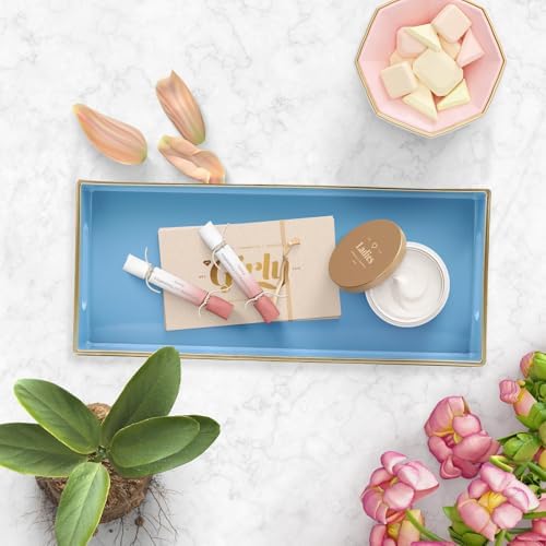 Blue Bathroom Vanity Tray for Countertop, Small Plastic Toilet Tank Versatile Storage & Organization Tray for Makeup, Pe