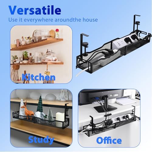 Under Desk Cable Management Tray 25.3 Inch, Clamp-On Cable Organizer Box for Standing Desks, No Drill Cord Management Un