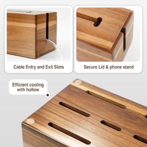 Acacia Cable Management Box, Cord Hider Organizer with Phone Stand, 12" L Cord Box for Power Strip, TV Wires & Desk Cabl