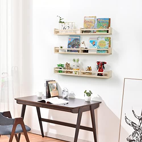 Austin yan Nursery Bookshelves Wall Mounted，32inch，Set of 3, Wood Floating Wall Bookshelf for Kids,Natural Wood Color,Ha
