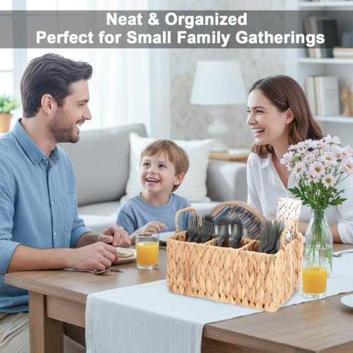 Wicker Party Silverware Caddy, Water Hyacinth Plastic Cutlery Utensil Holder, Hand Woven with Handles, Kitchen Counterto