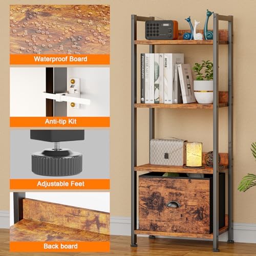 Furologee 4 Tier Bookshelf with Drawer, Small Narrow Bookcase, Rustic Brown