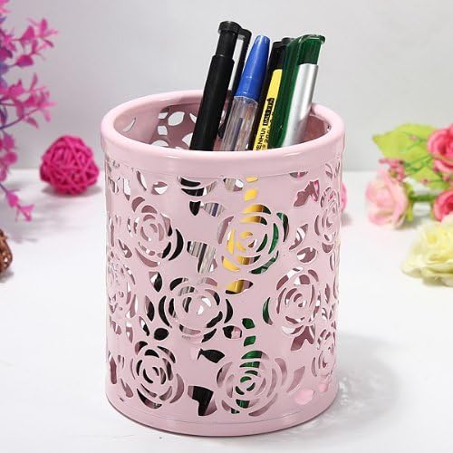 2 Pack Hollow Rose Flower Pattern Metal Pen Pencil Pot Cup Holder Desk Container Organizer,2 Pieces,Pink