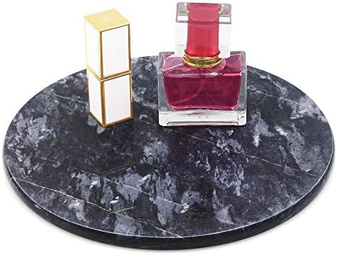 Decorated Circular Marble Vanity Tray for Counter, Bathroom, Dresser, Nightstand or Desk, Diameter 8-3/4 Inches, Black