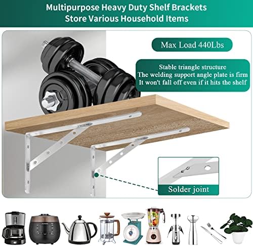 2 Pack Heavy Duty Shelf Brackets 12 Inch, Solid Stainless Steel Angle Bracket, Max Load 440lbs - Silver