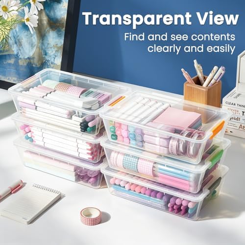 Sooez 6 Pack Pencil Boxes, New Extra Large Pencil Case, Stackable Crayon Pen Box, Clear Marker Organizer Craft Storage, Plastic Containers with Lids, Art Storage Box for School Supplies, Orange