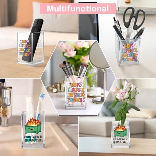 Funny Dumpster Fire Work 2 Pack Acrylic Cosmetic Pencil Pen Holder Cup, Cute Office Pen Holder for Desk, Funny Work Burnout Gifts for Coworker Friend, Mental Health Gifts for Women Boss Teacher