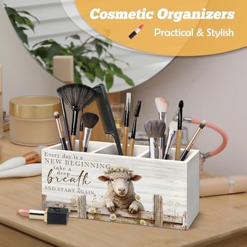 Motivational Sheep Pen Holder Organizer for Desk Accessories, Sheep Gifts for Women, Farmhouse Daisy Floral Lamb Positive Wooden Box Sign Desk Decorations for Home Office Decor