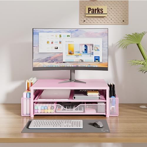 OPNICE Desk Organizer and Accessories, 2-Tier Computer Monitor Stand Riser with Drawer and 2 Pen Holders, Laptop Stand, 