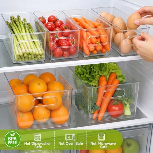 YKIOKE 8 Pack Clear Plastic Storage Bins with Handles, Stackable Organizer