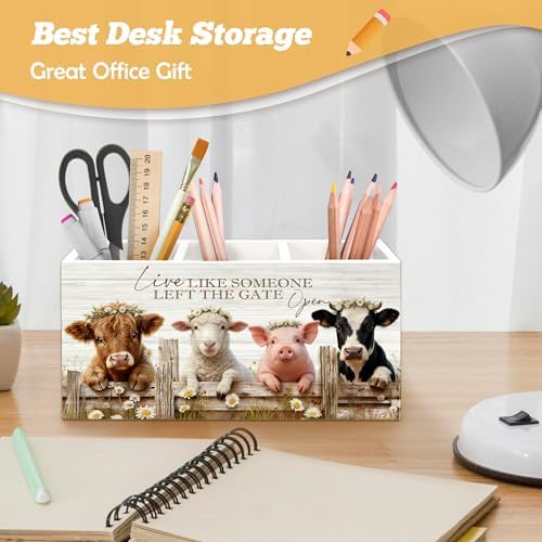 Farmhouse Highland Cow Sheep Pig Pen Holder Organizer for Desk Accessories, Live Like Someone Left the Gate Open Funny Animal Wooden Box Sign Desk Decorations for Home Office Decor