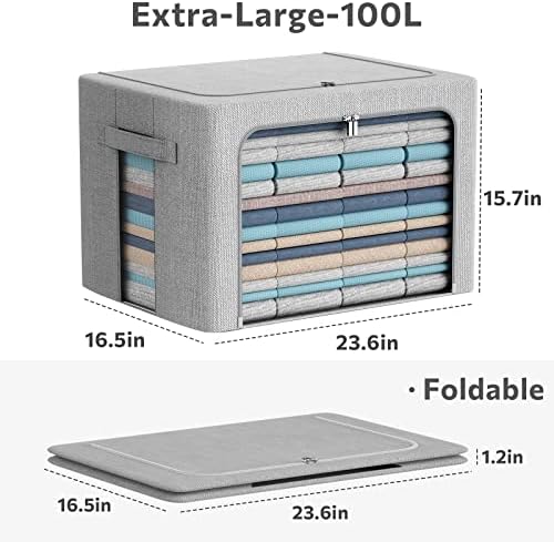 CYhom 3Pack Foldable Storage Bins - Frame Storage Box Linen Fabric Stackable Clothes Container Organizer with Clear Wind