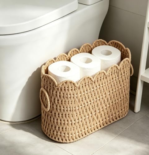 Toilet Paper Wicker Rattan Storage Basket with Handles, Paper rope Slim Toilet Paper Holder with Lid- Holds Up to 9 Mega