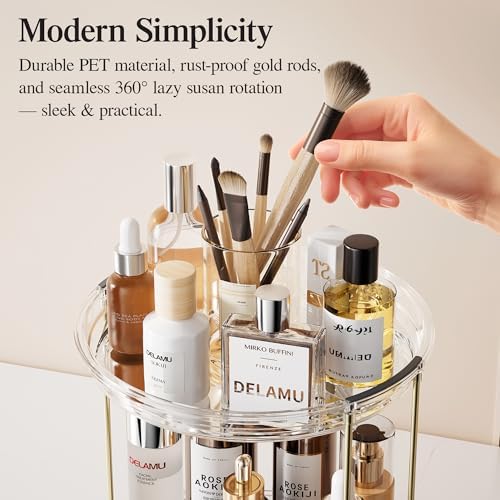 Delamu Rotating Makeup Organizer for Vanity, 2 Tier Bathroom Counter Organizer with Stackable Design, Spinning Skincare 