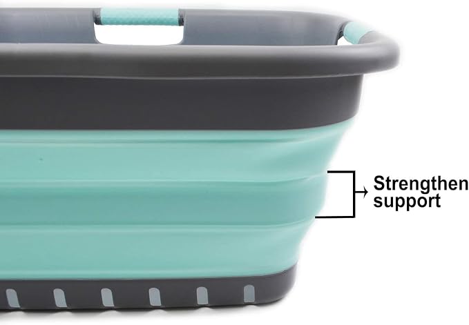SAMMART 41L (10.8 Gallon) Collapsible Plastic Laundry Basket-Foldable Pop Up Storage Container/Organizer- Portable-Space Saving Hamper/Basket (3 handled rectangular, Medium Grey/Lake Green)
